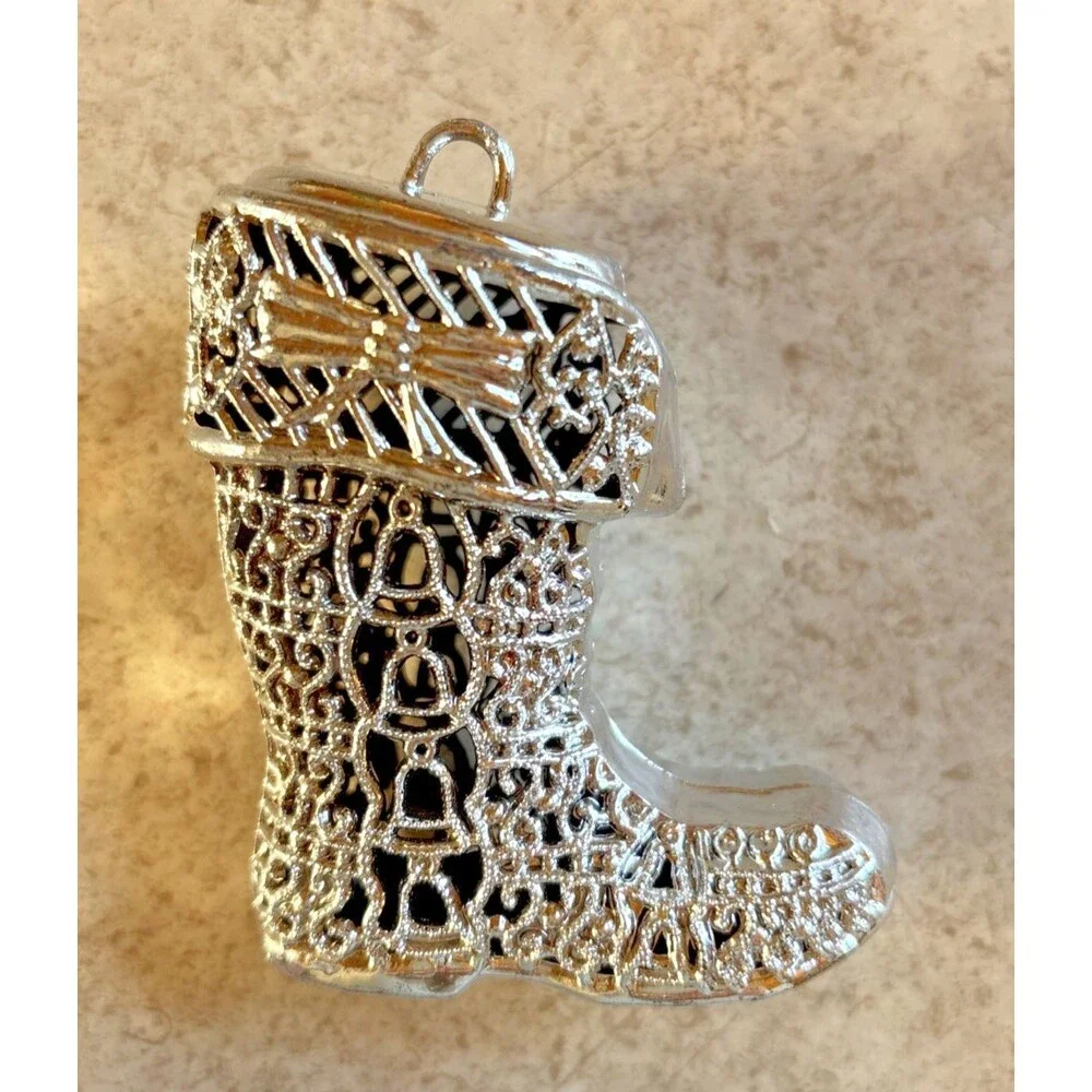 Vtg Mirror Dove Christmas Tree Ornaments Mosaic Bird Disco Silver Filigree Boot